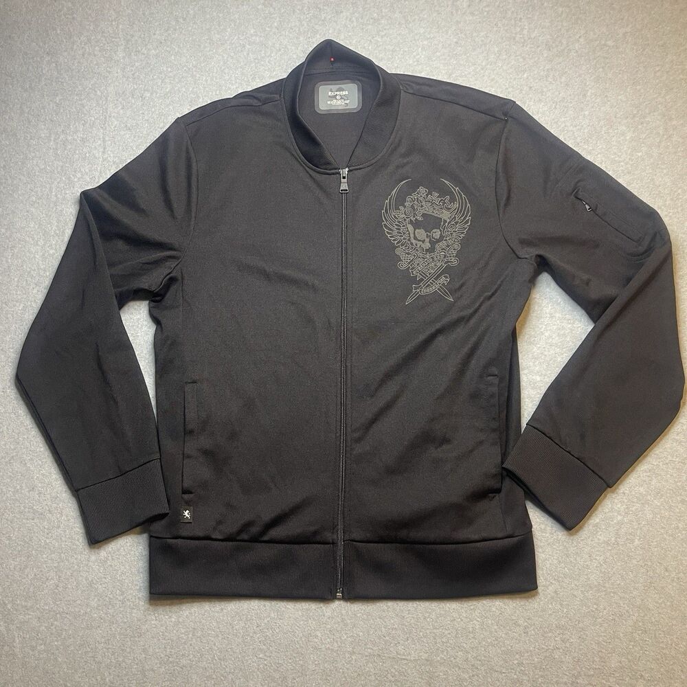 Vintage Express Black Skull Embroidered track Jacket Zip Men XL Y2K Grunge